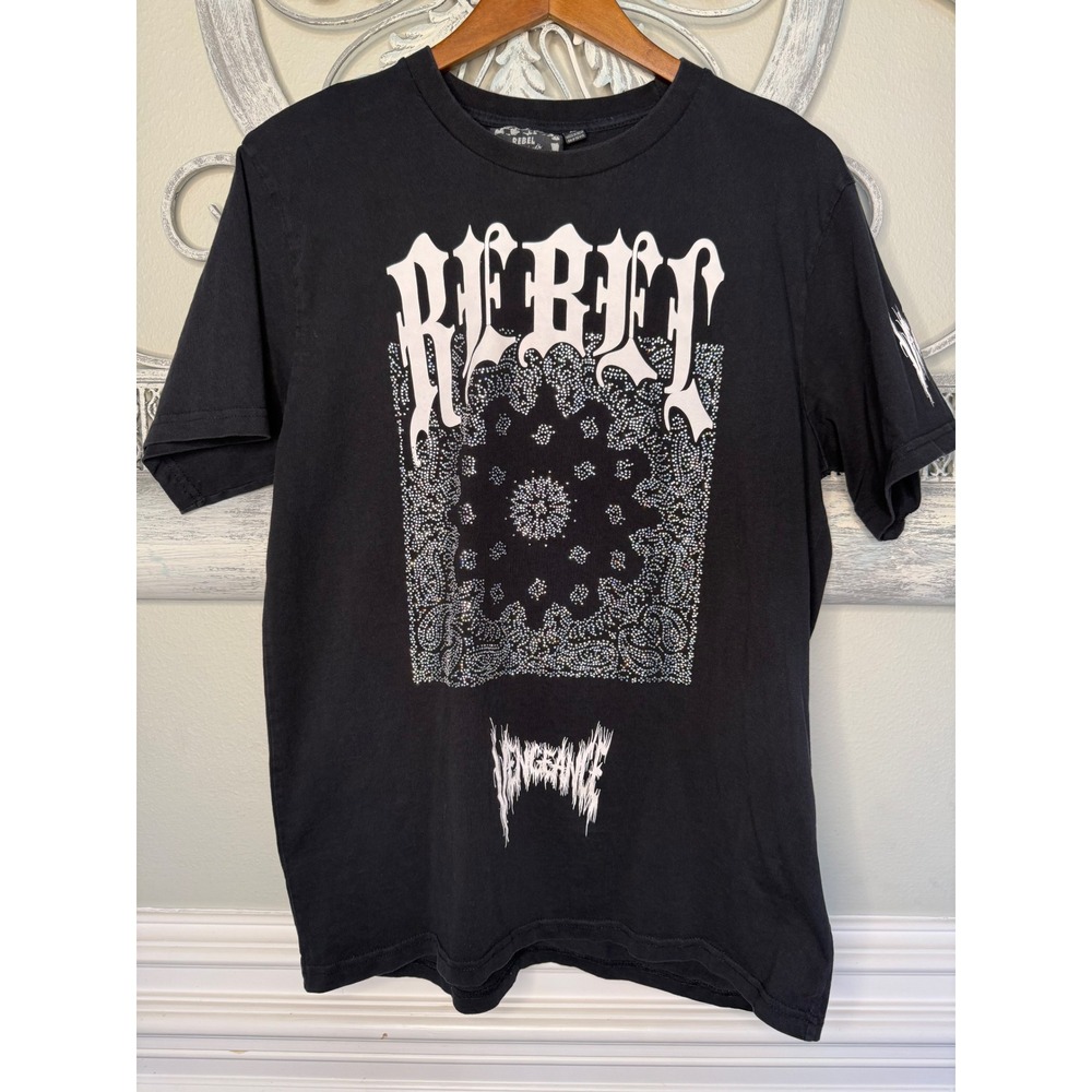 Rebel Vengeance Mens Black Rhinestone Bandana Graphic T-Shirt XL EUC